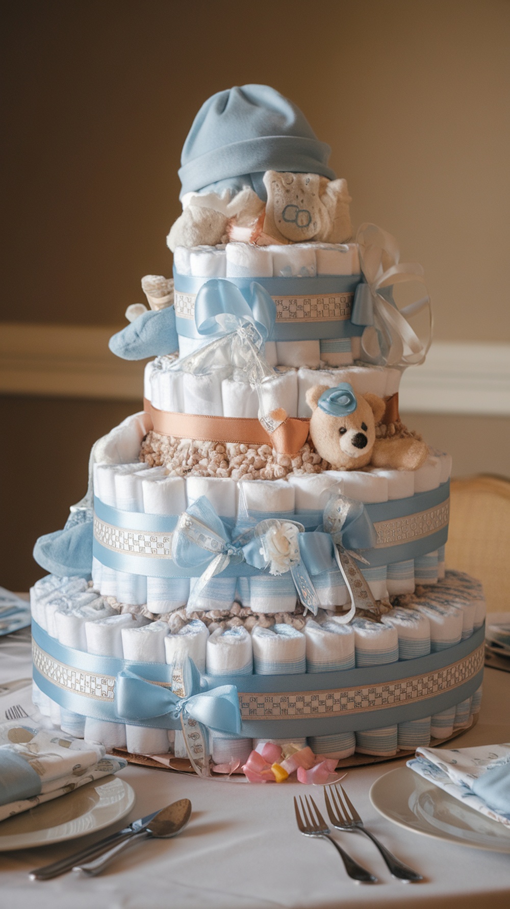 A beautifully arranged diaper cake decorated with blue ribbons and a teddy bear.