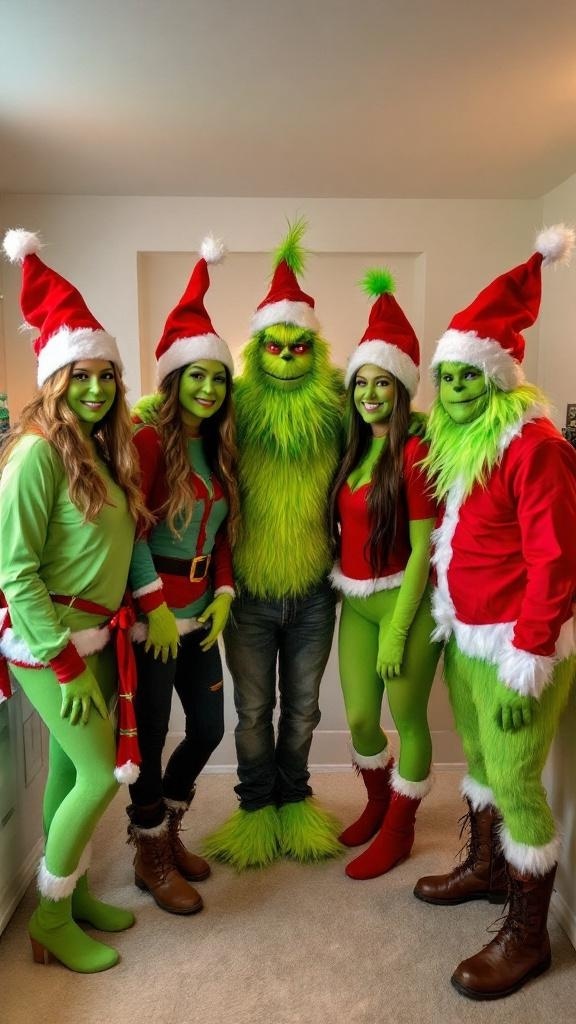 Group of people dressed in Grinch-themed costumes with festive hats