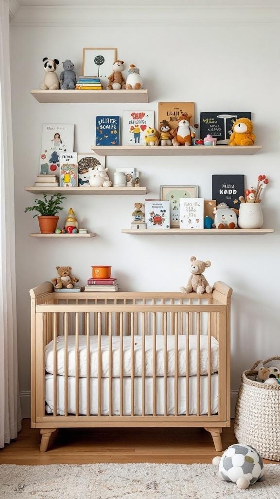 Stylish nursery with wall-mounted shelves displaying books and toys.
