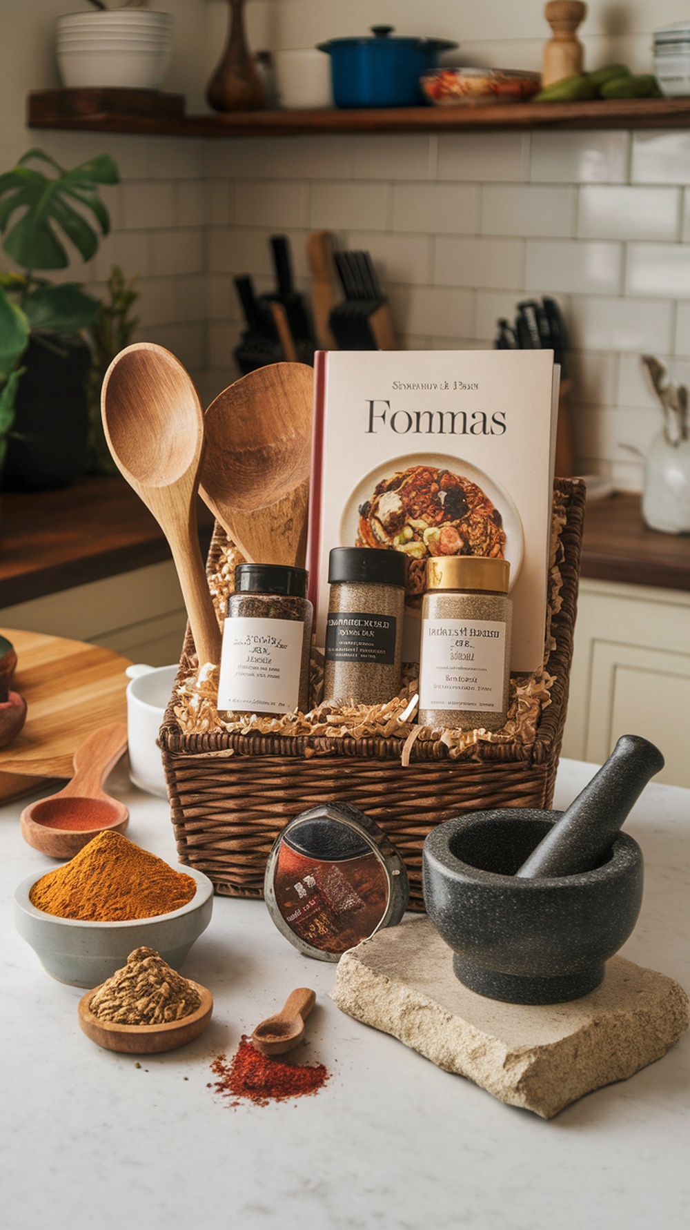 A beautifully arranged culinary gift basket with spices, a cookbook, and wooden utensils.