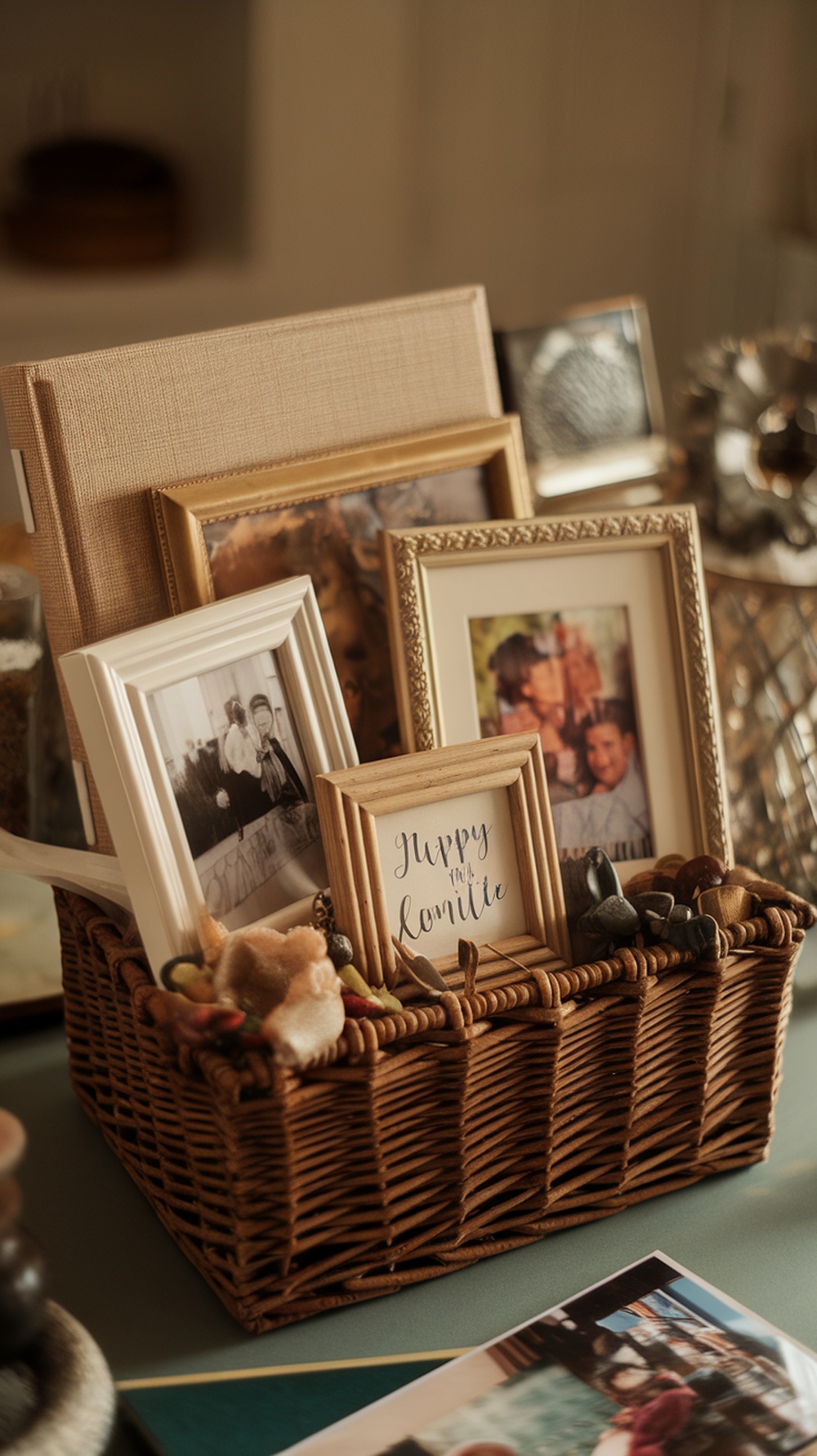 A collection of framed photos in a woven basket, showcasing happy memories.