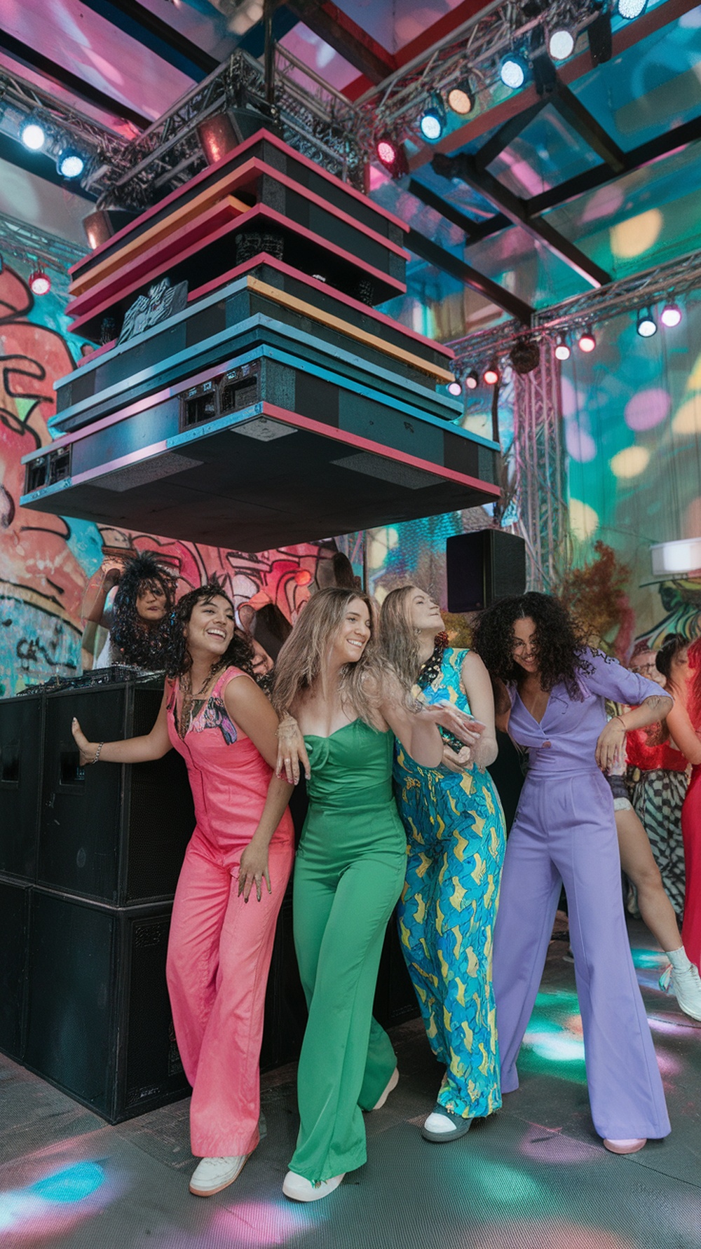 A group of women dancing joyfully at a vibrant party with colorful lights and a DJ setup.