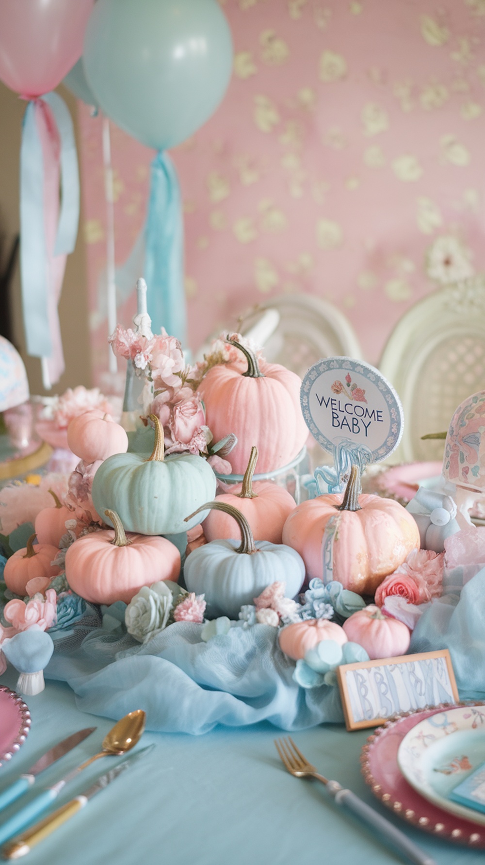 Pastel colored mini pumpkins arranged as table centerpieces for a baby shower.