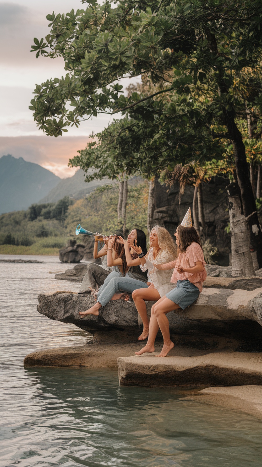 A group of women celebrating by a lake with festive hats and a musical instrument.