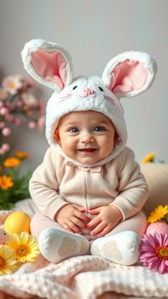 A 4-month-old baby wearing a bunny hat, sitting among flowers and Easter eggs.