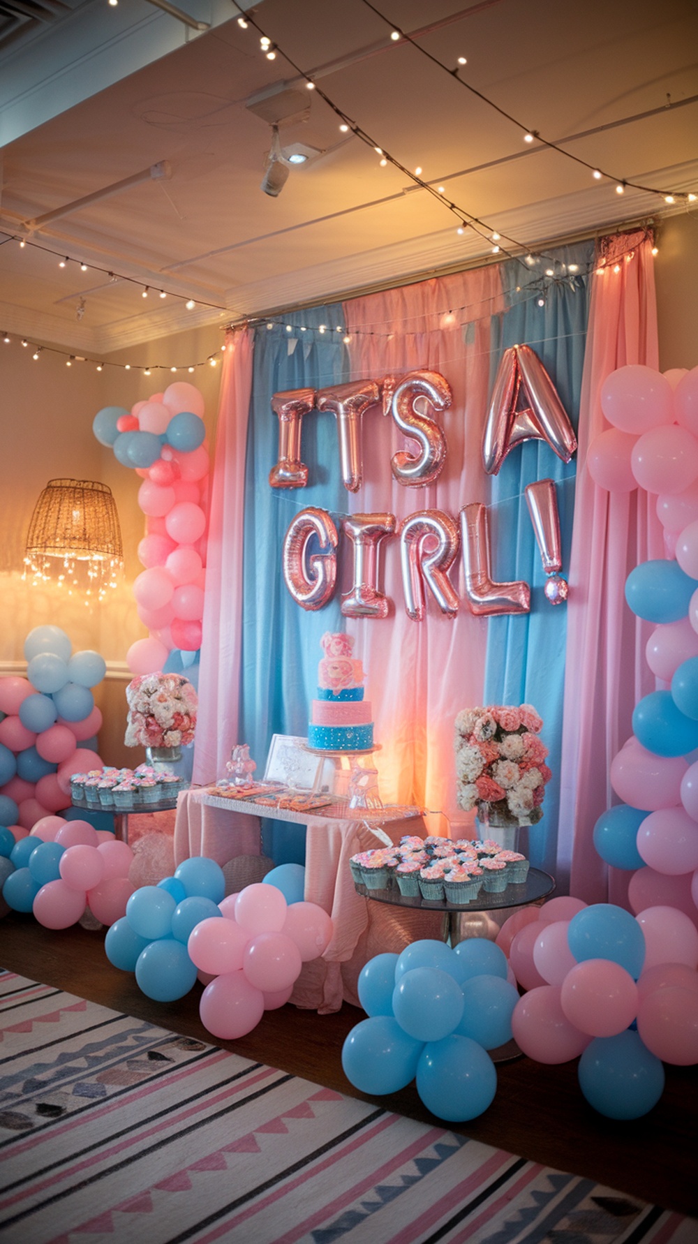 A beautifully decorated baby shower scene with string lights, balloons, and a cake.
