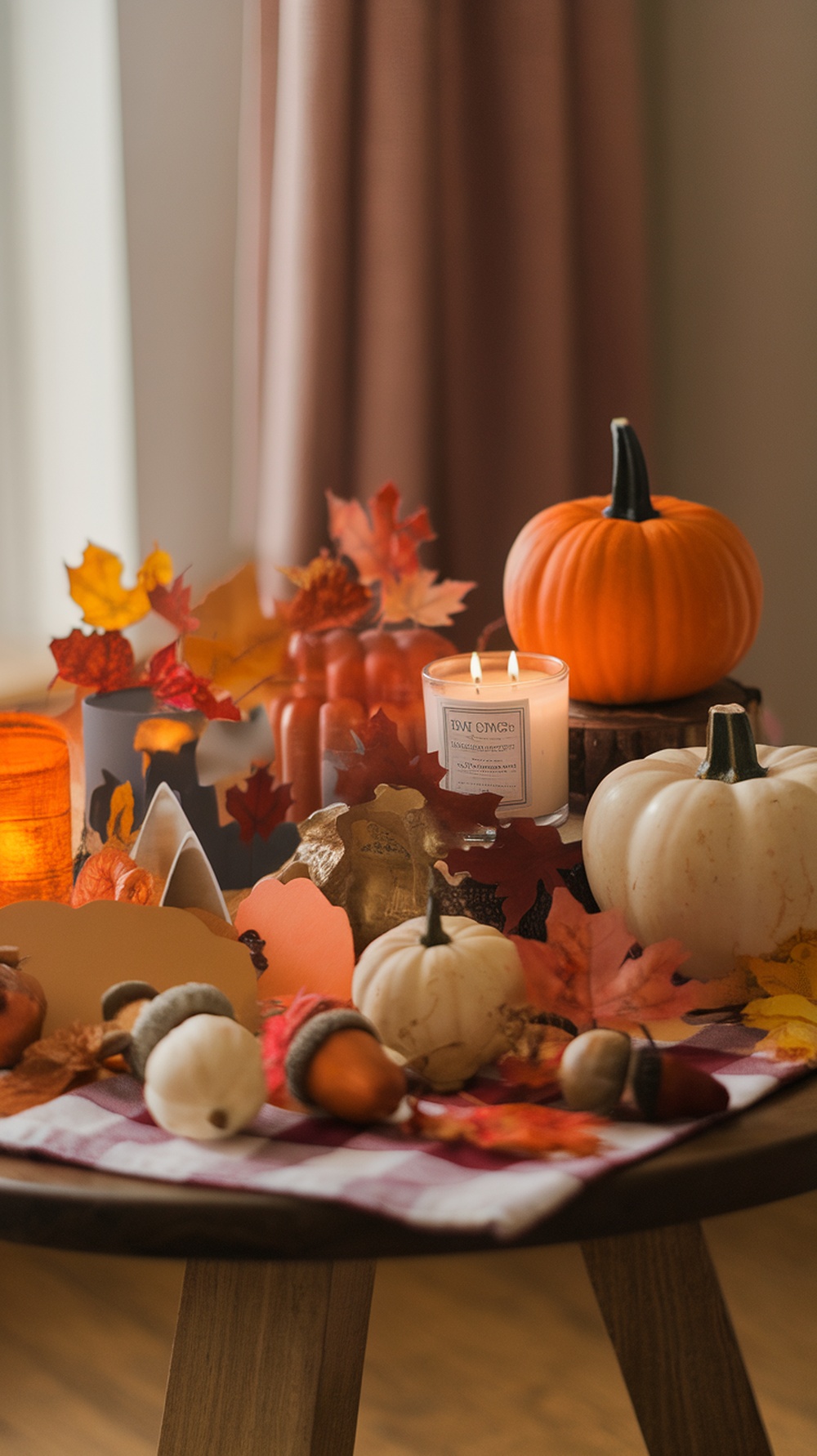 A cozy fall-themed table setting with pumpkins, candles, and autumn leaves.
