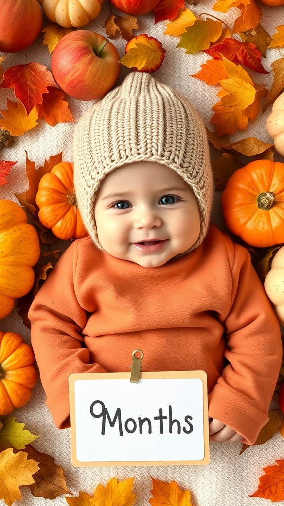A 9-month-old baby surrounded by pumpkins, apples, and autumn leaves, smiling and holding a sign that says '9 Months'.
