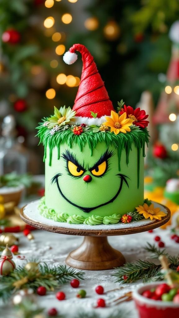 A festive Grinch-themed cake with bright green frosting, a red hat, and colorful decorations.