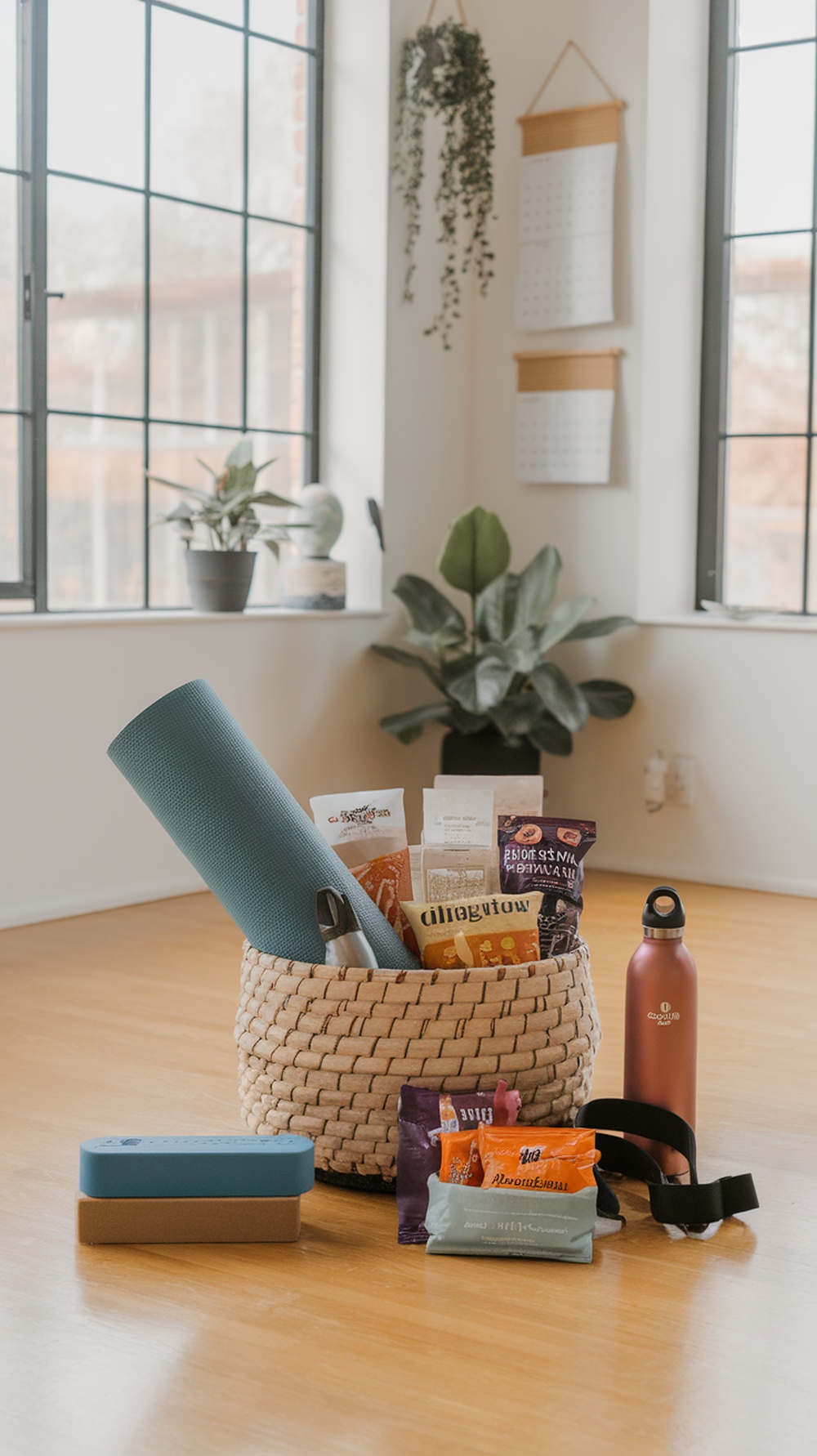 A fitness and wellness gift basket featuring a yoga mat, healthy snacks, and a water bottle.