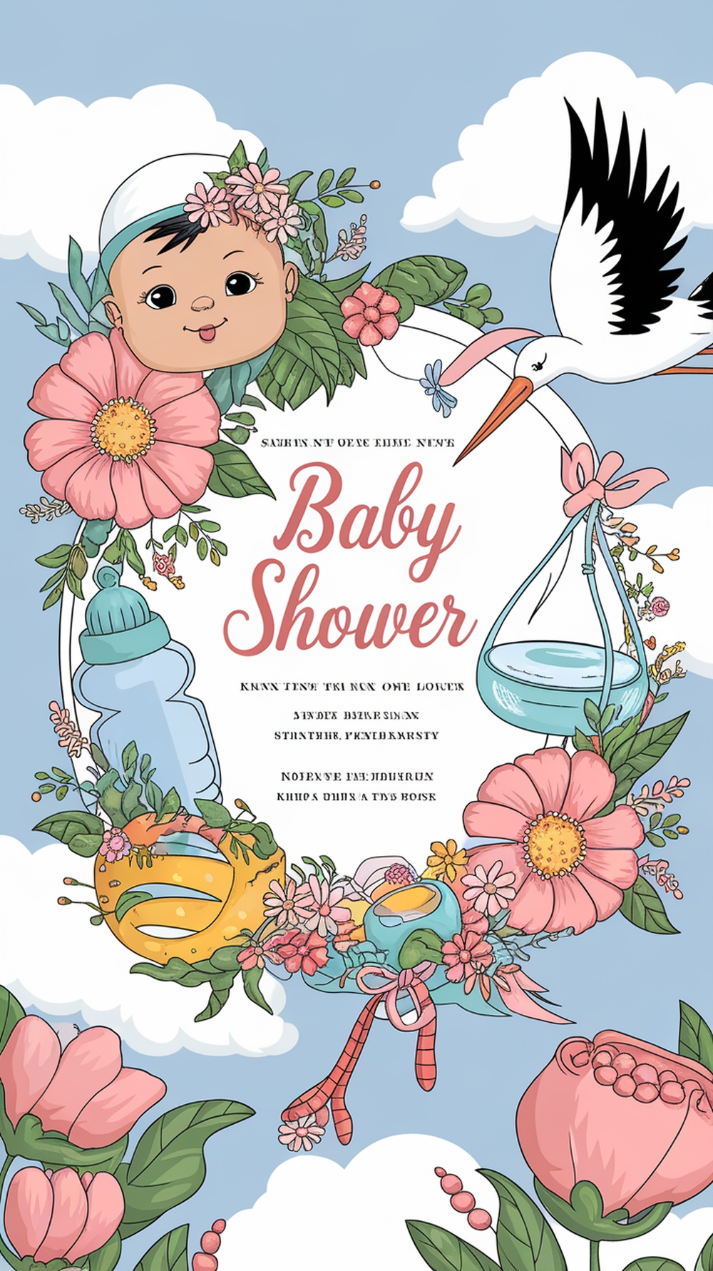 A colorful baby shower invitation featuring flowers, a baby, and a stork.