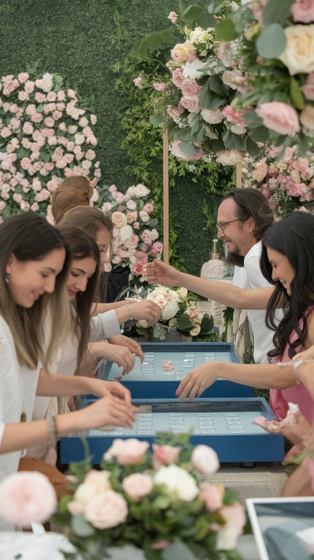 Guests enjoying floral-themed games at a baby shower.