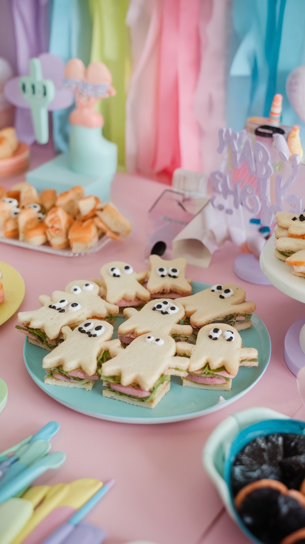 A plate of ghost-shaped sandwiches with cute eyes, perfect for a baby shower.