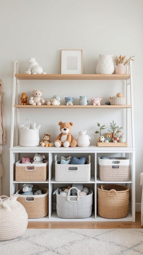 Stylish nursery shelf with toys and storage baskets