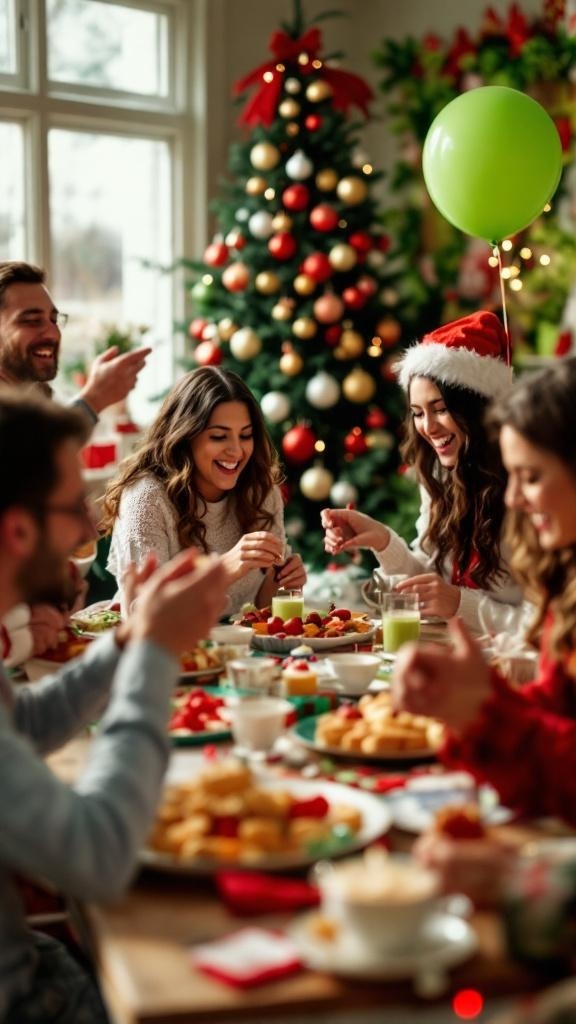 A festive gathering with friends celebrating a Grinch-themed baby shower.