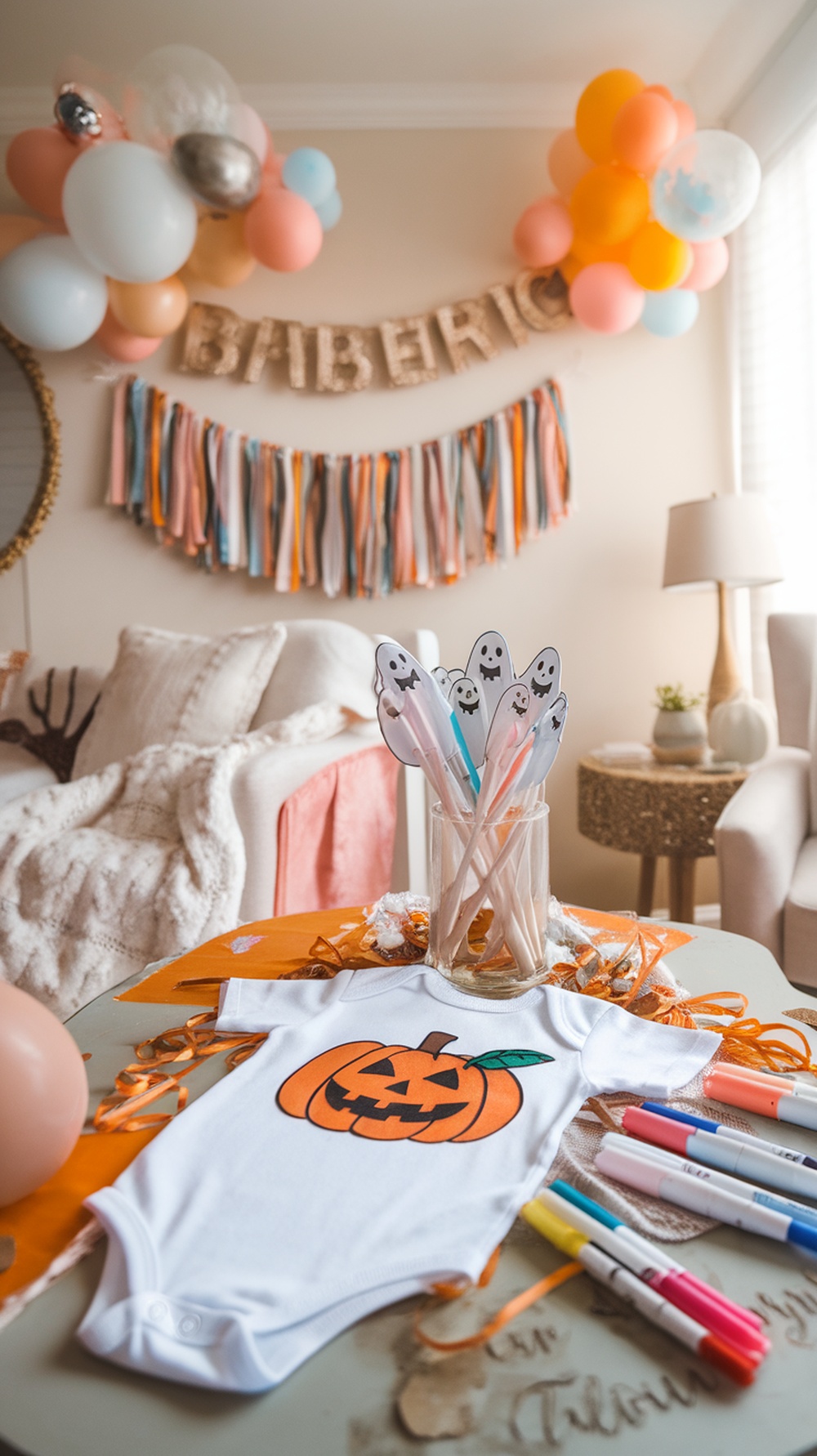 A decorated onesie with a pumpkin design, surrounded by fabric markers and a festive baby shower setup.