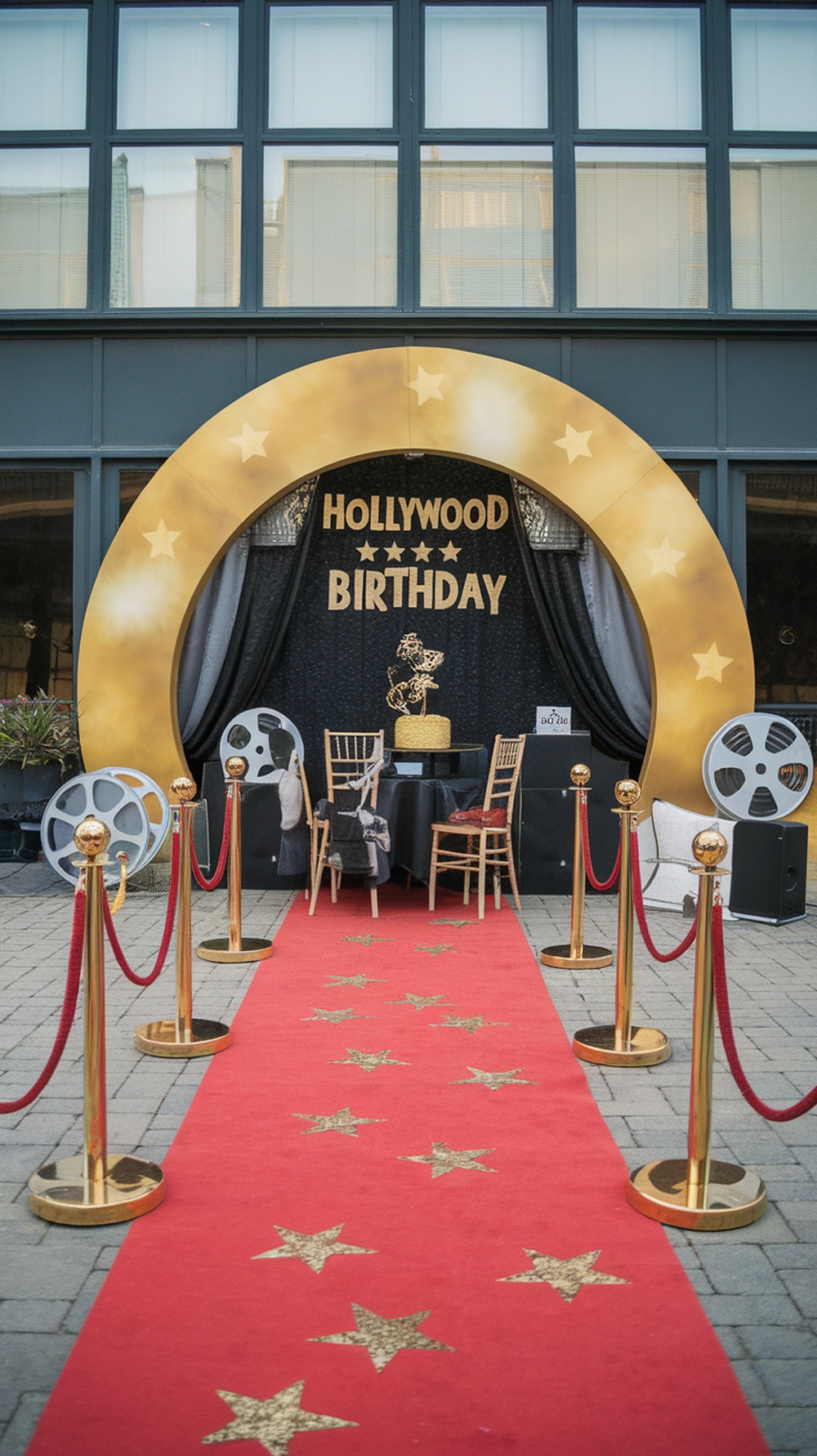 Entrance to a glamorous Hollywood-themed birthday party with a red carpet and gold decorations.