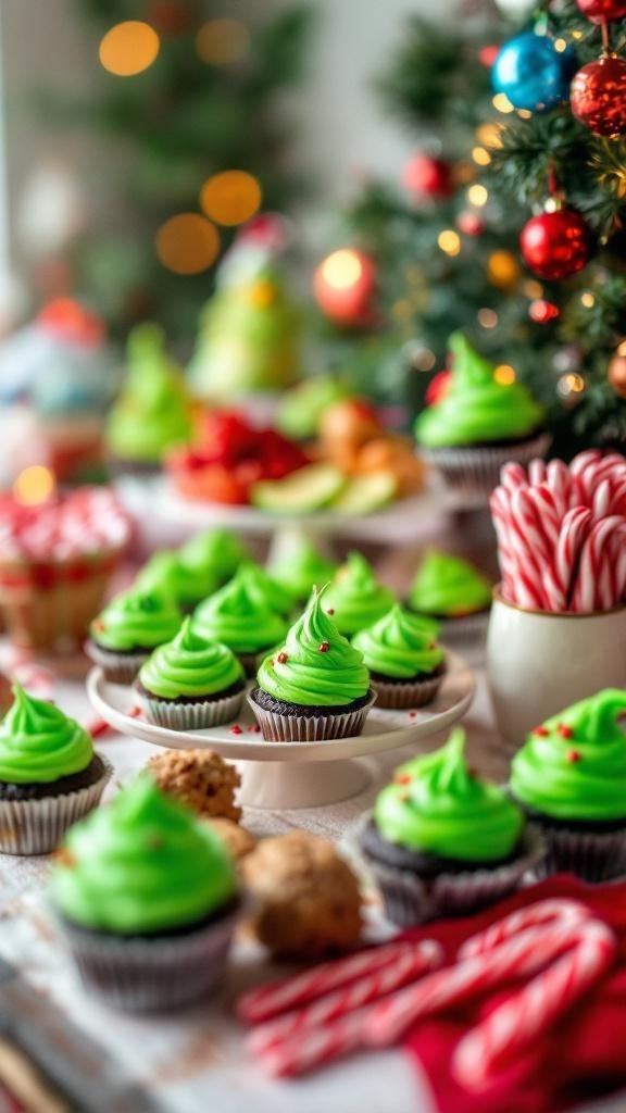 A colorful Grinch-themed snack table with green cupcakes, candy canes, and festive decorations.