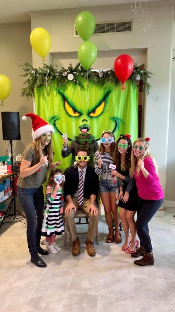 Group of people posing in front of a Grinch-themed photo booth with festive props.