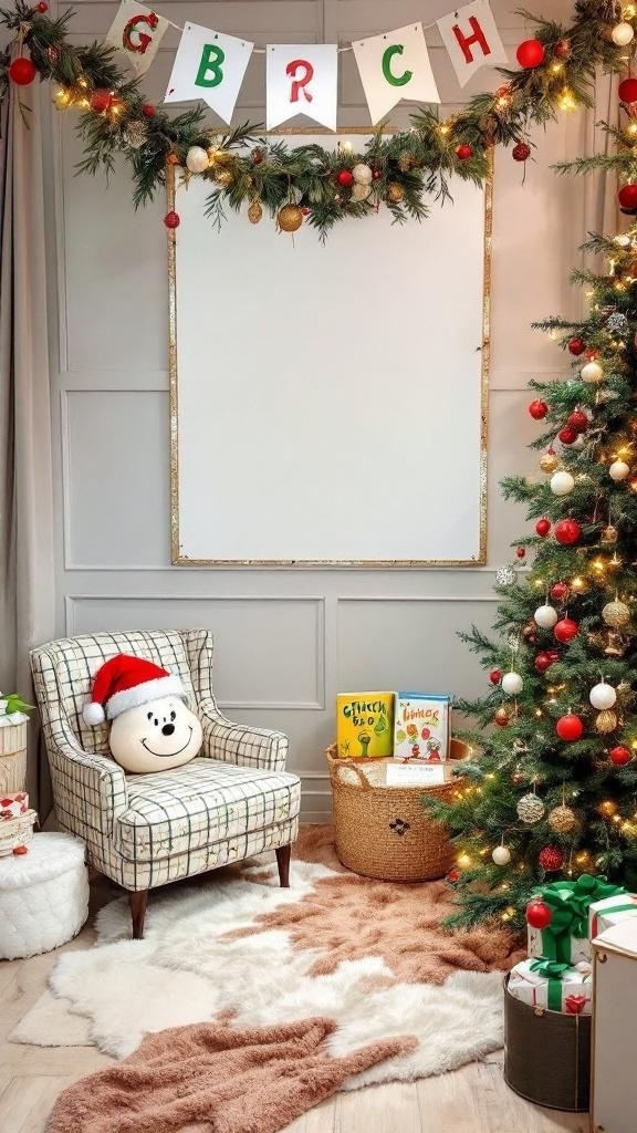 Cozy Grinch-themed storytime corner with a chair, festive decorations, and holiday books.