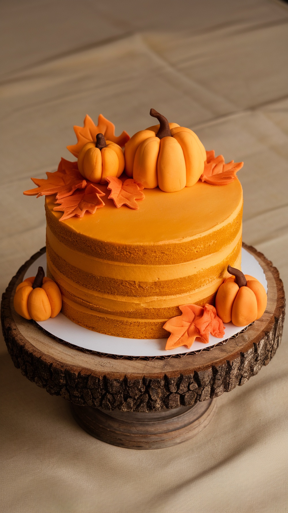 A fall-themed baby shower cake decorated with pumpkins and leaves on a wooden stand.