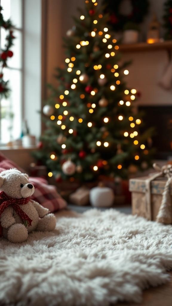 Cozy holiday setting with a Christmas tree and teddy bear