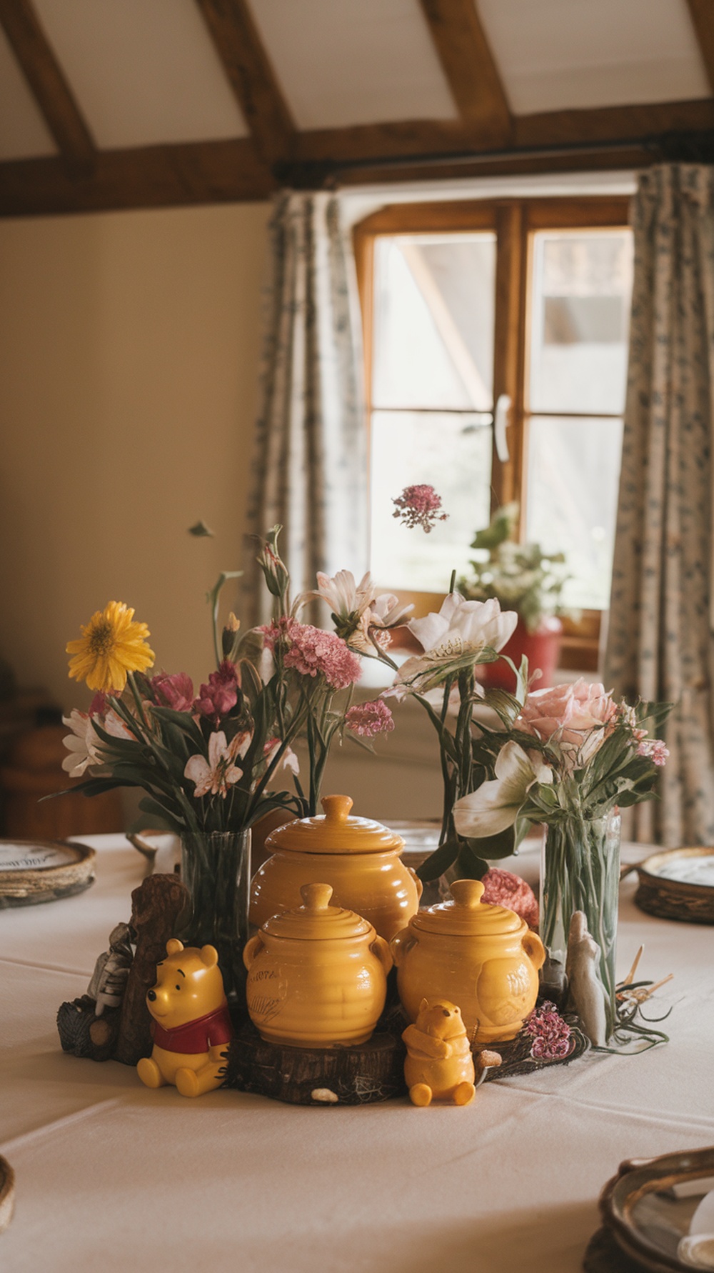 A table centerpiece featuring honey pots and flowers for a Winnie the Pooh baby shower.