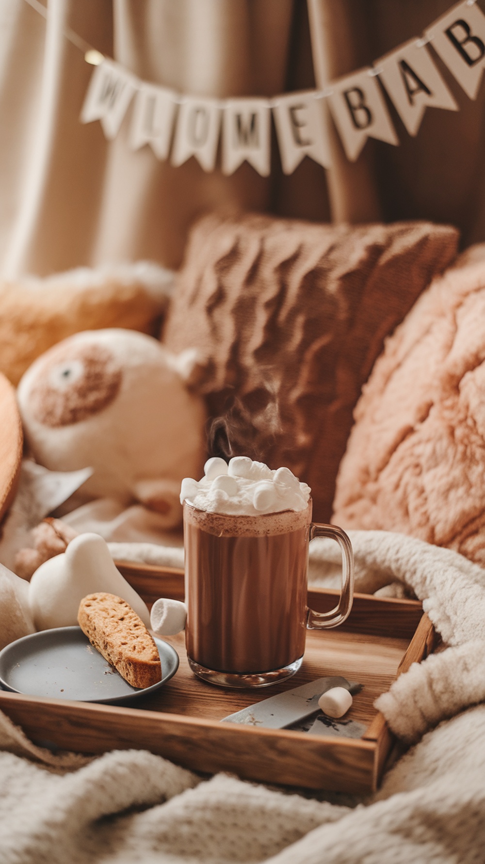 A cozy setup featuring a mug of hot cocoa topped with marshmallows, a cookie on a plate, and soft pillows in a warm setting.