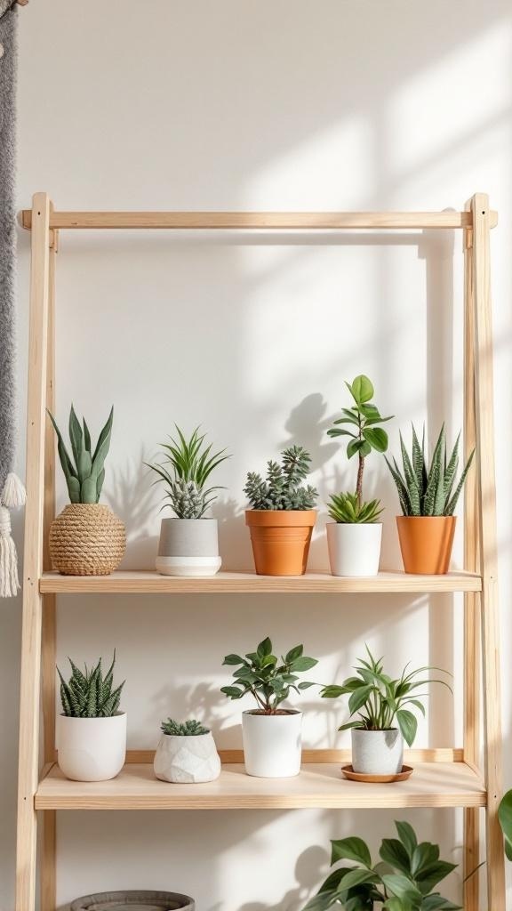 Stylish nursery shelf with various potted plants