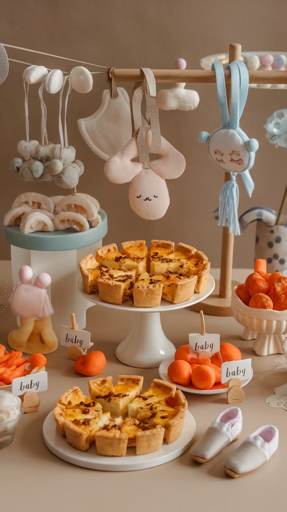 A beautifully arranged snack station for a baby shower featuring mini quiches, colorful fruits, and cute decorations.