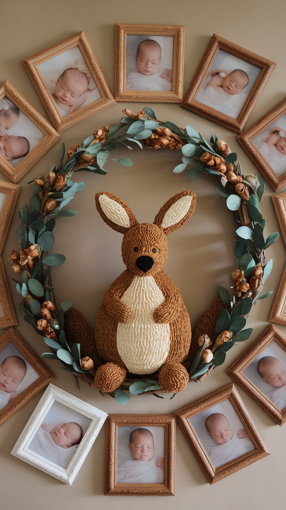 A decorative display featuring baby photos framed in gold and white, with a plush kangaroo in the center, surrounded by greenery.