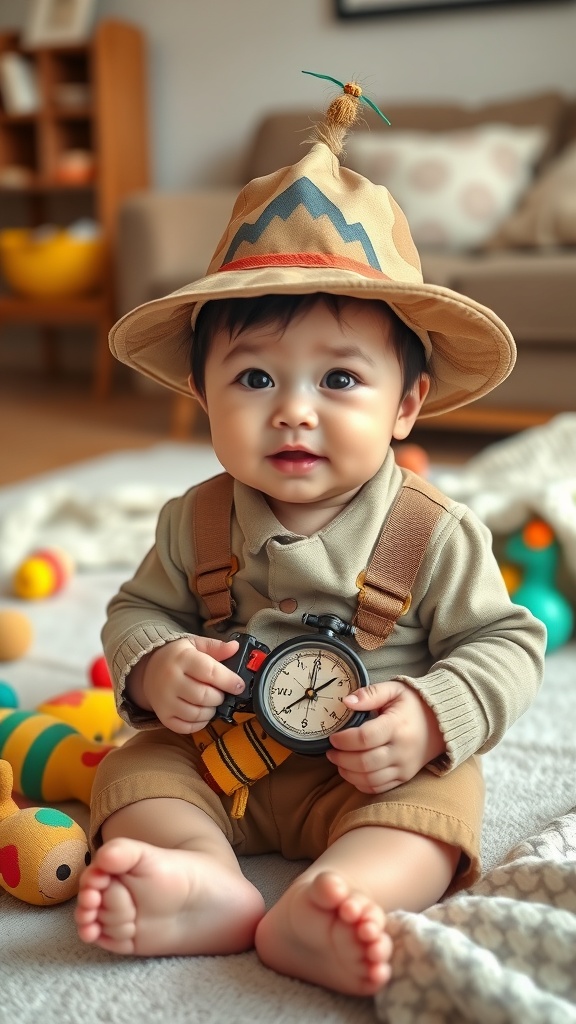 A baby wearing an explorer hat and holding a toy compass, surrounded by colorful toys.