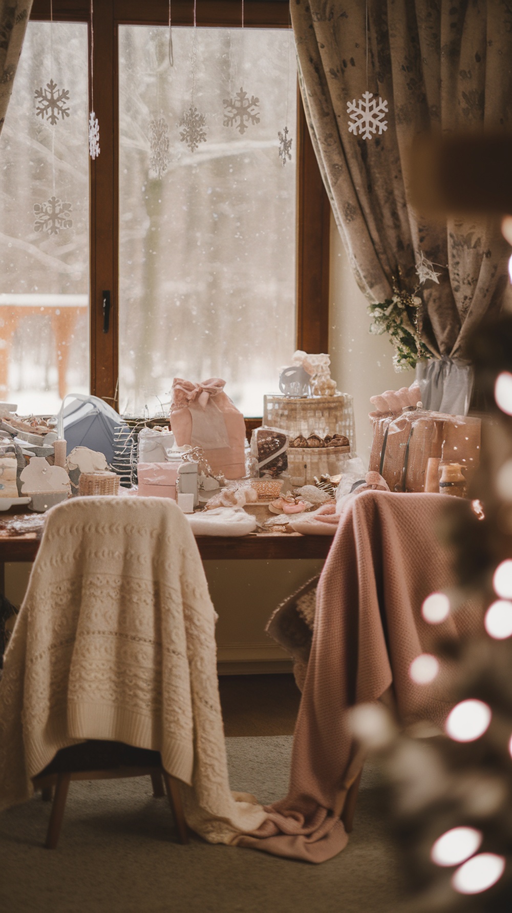 A cozy baby shower setup with snowflake decorations and warm blankets.