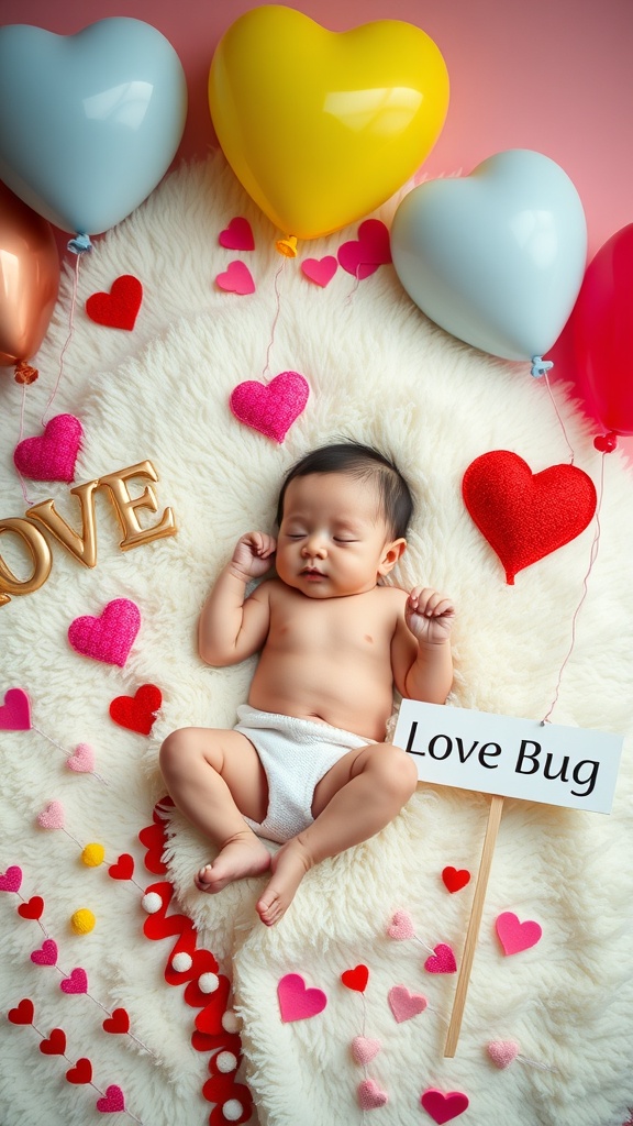 A 2-month-old baby lying on a fluffy blanket surrounded by colorful balloons and hearts, holding a sign that says 'Love Bug'.