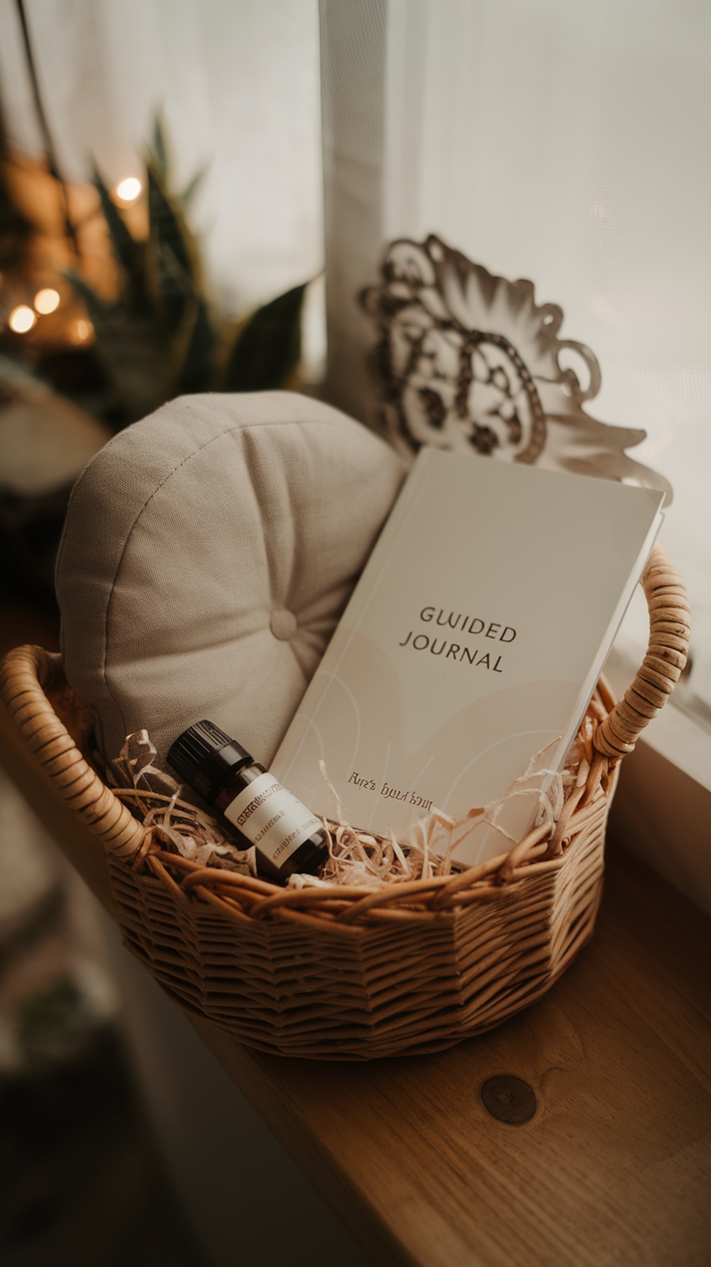A cozy basket with a pillow, a guided journal, and essential oils for relaxation.