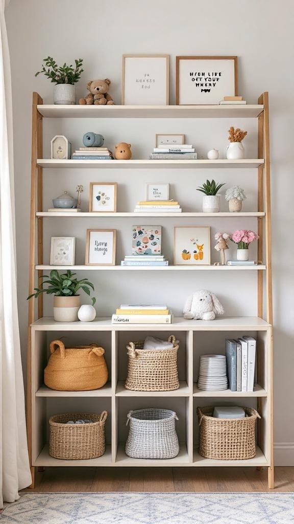 Stylish multi-functional nursery shelf with decor and storage baskets.