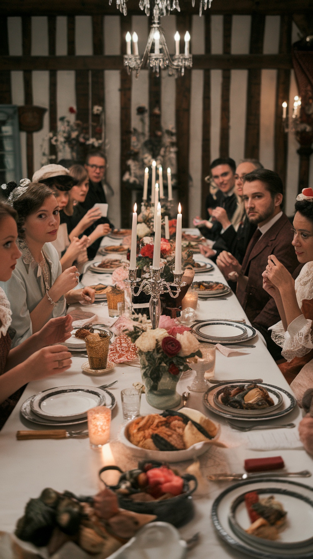 A group of people at a dinner table, dressed in elegant attire, participating in a murder mystery dinner.
