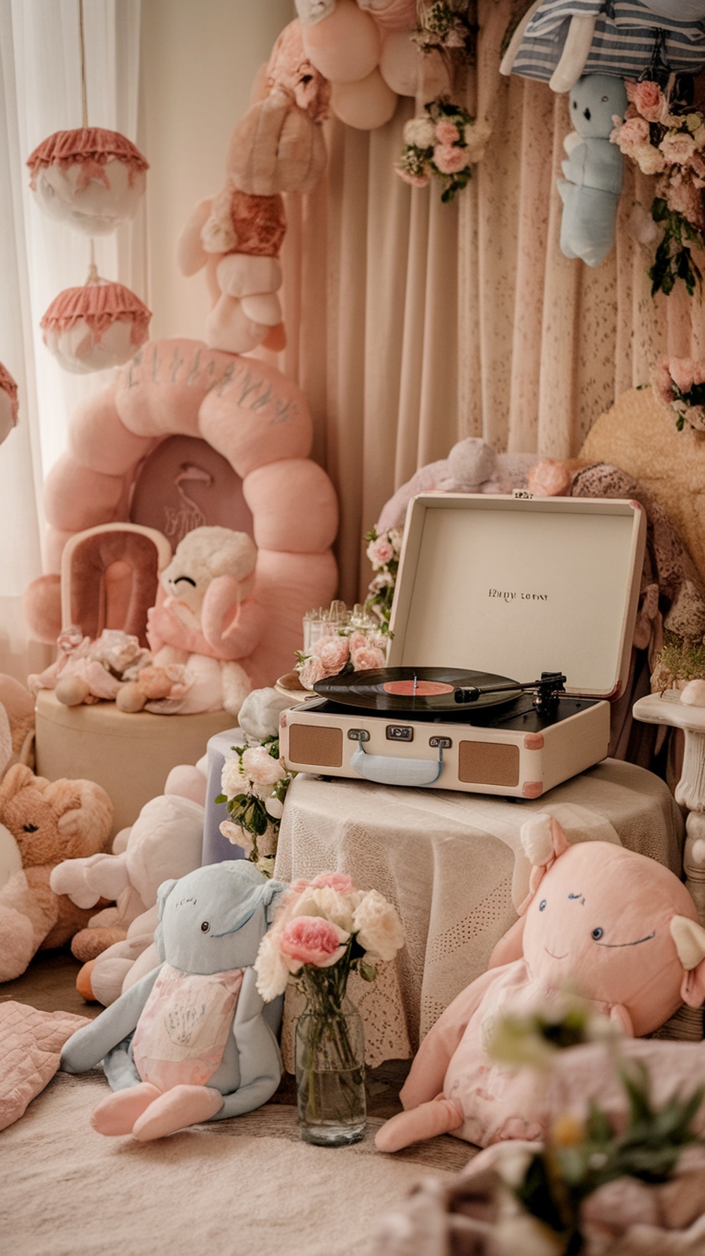 A cozy baby shower setup with soft colors and a record player surrounded by plush toys.