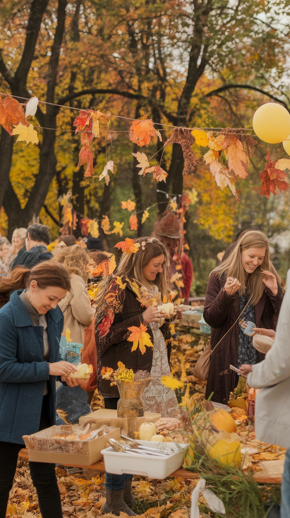 Group of people enjoying a fall-themed baby shower outdoors with autumn leaves.