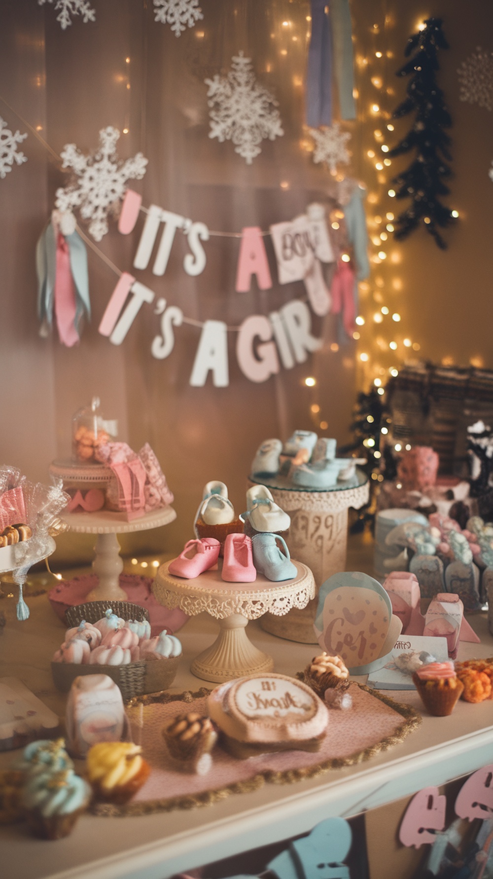 A beautifully decorated baby shower table with pink and blue treats, snowflakes, and a banner.