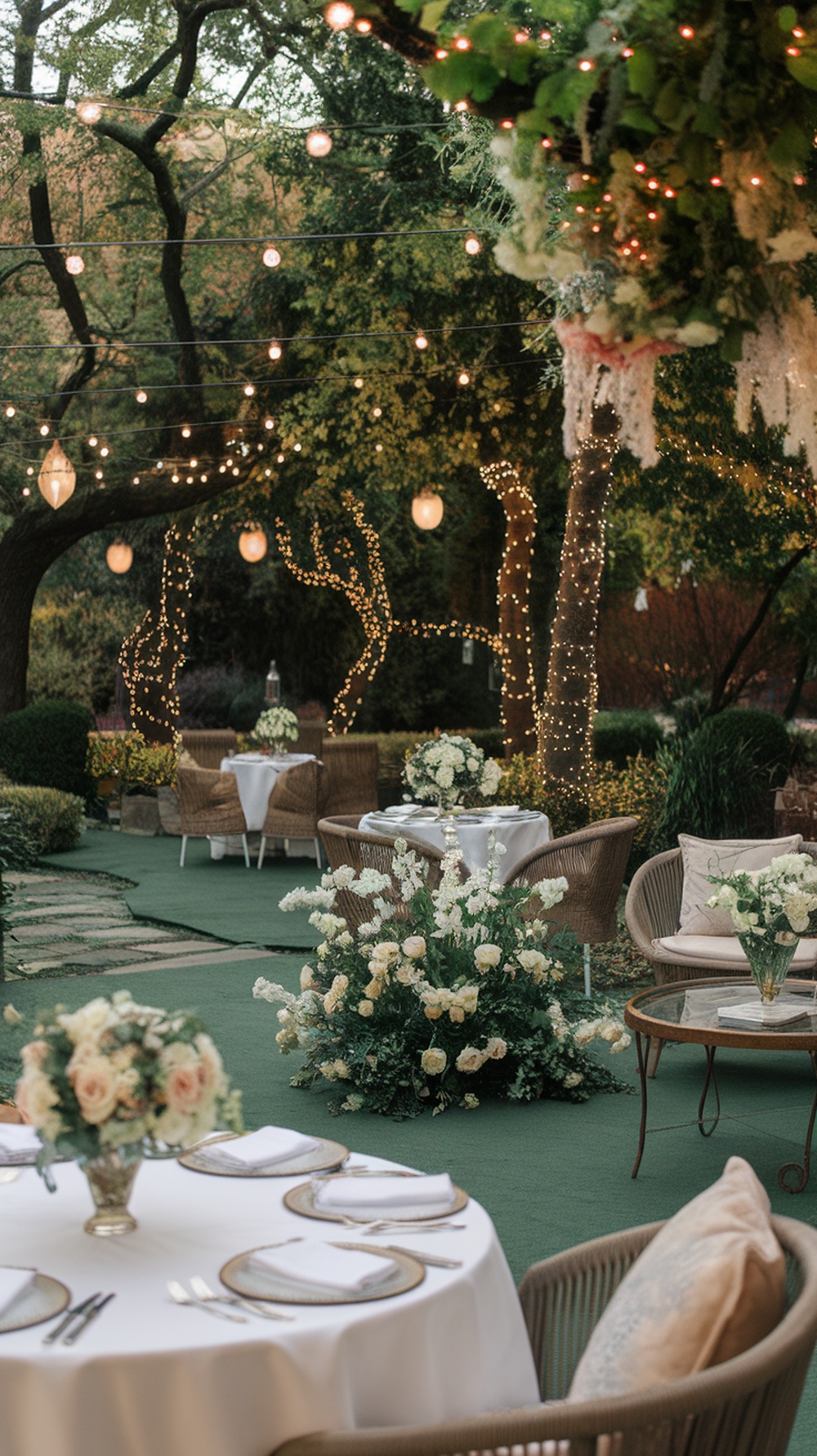 A beautifully decorated outdoor garden party with tables, flowers, and string lights.