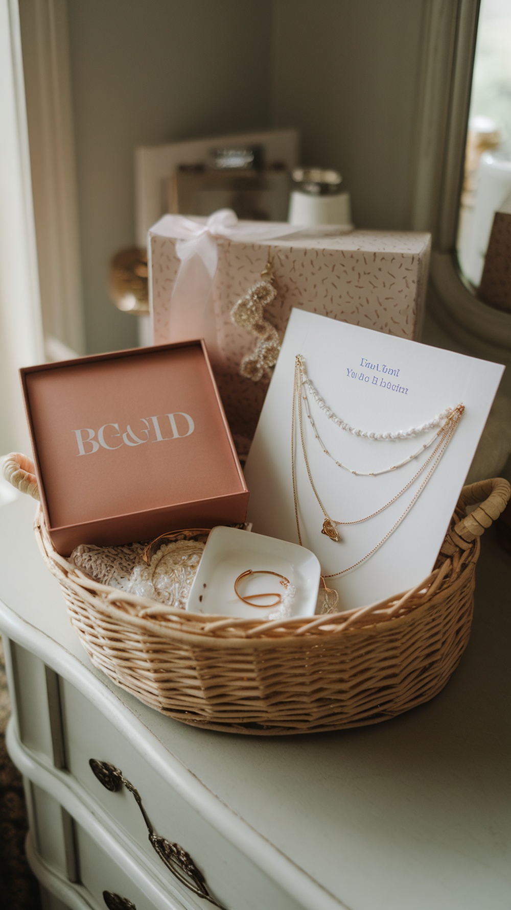 A beautiful basket containing personalized jewelry and keepsakes.