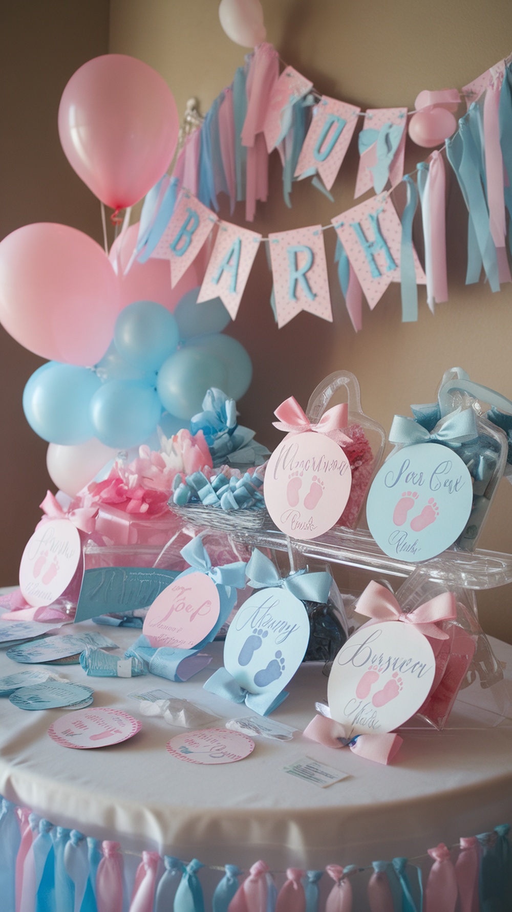 A colorful baby shower table with personalized party favors and decorations.