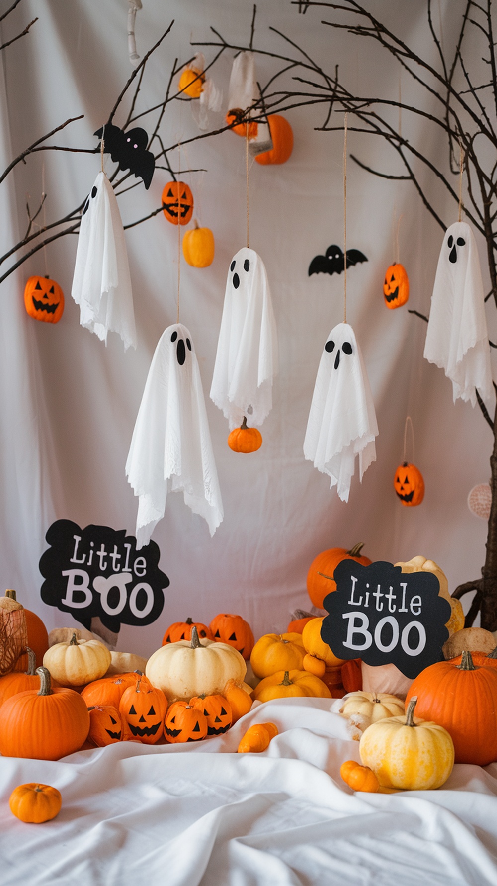 A photo booth backdrop with white sheet ghosts, pumpkins, and 'Little Boo' signs.