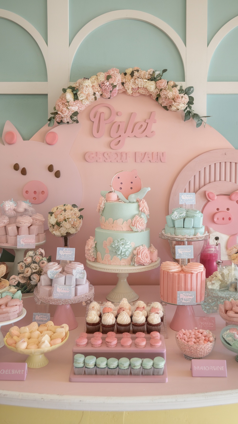 A beautifully arranged dessert table featuring pastel sweets and a Piglet theme for a baby shower.