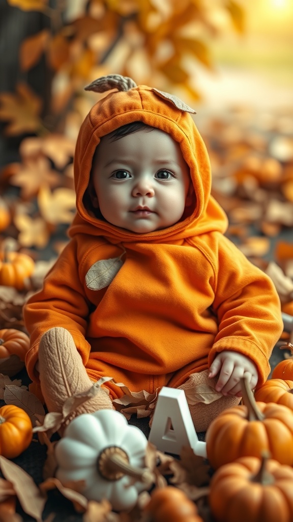 A 10-month-old baby in a pumpkin-themed outfit surrounded by pumpkins and autumn leaves.