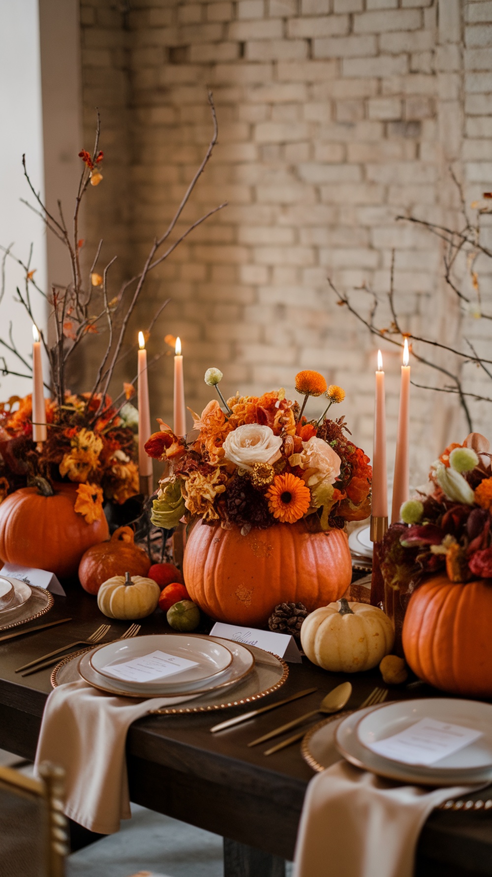 A beautifully arranged table with pumpkin centerpieces and floral accents for a fall-themed baby shower.