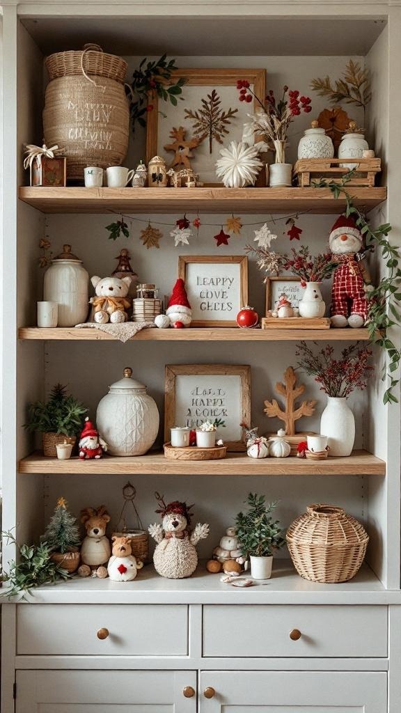 A beautifully styled nursery shelf with seasonal decor.