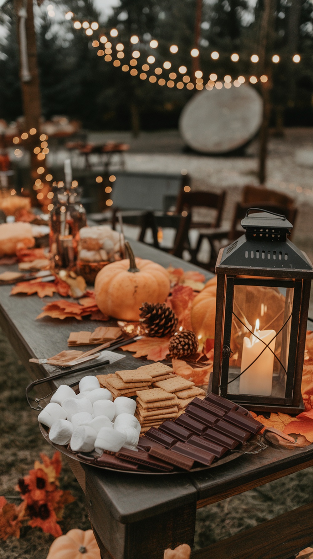 A cozy s'mores station with graham crackers, marshmallows, and chocolate on a table decorated with fall leaves and pumpkins.