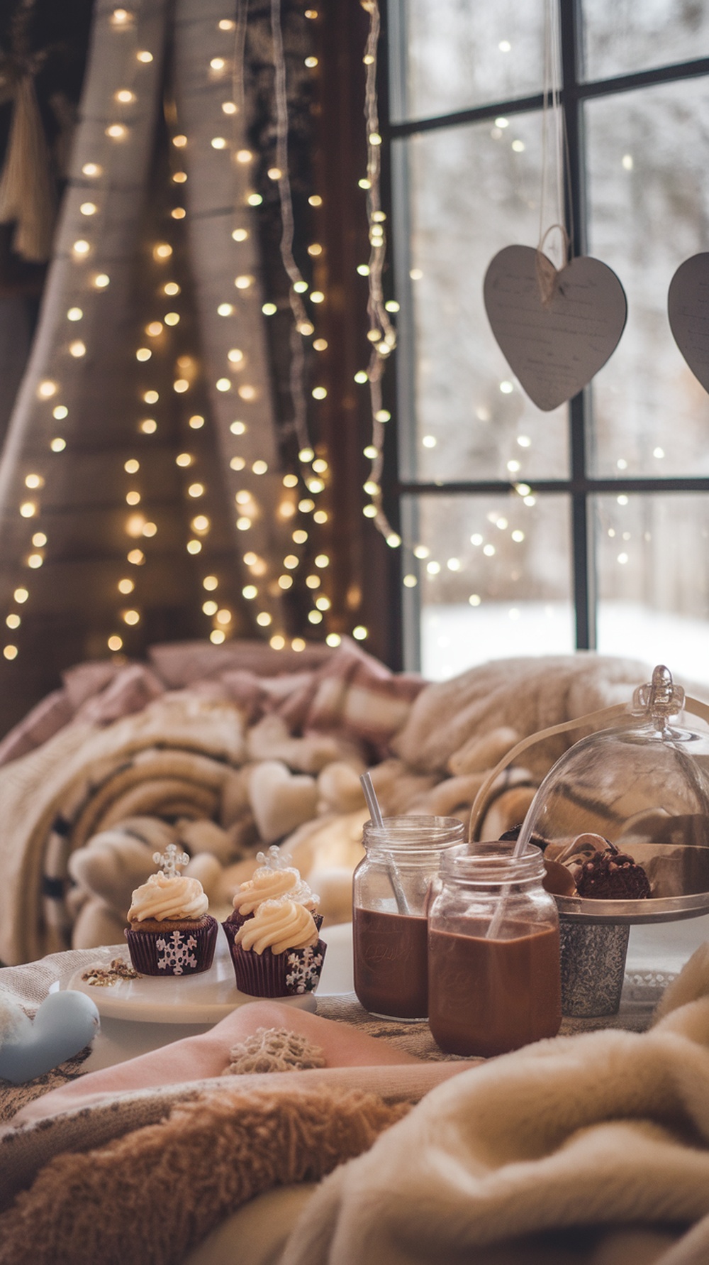 A cozy setup for a winter baby shower with cupcakes, hot cocoa, and fairy lights.